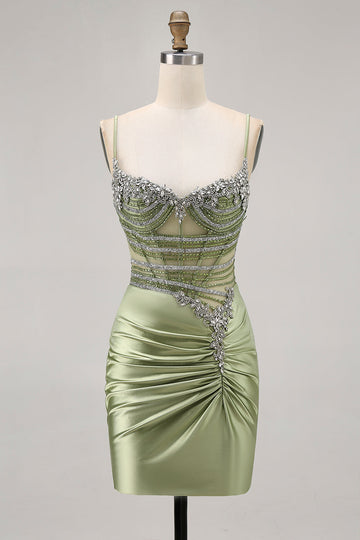 Sage Green Beaded Corset Tight Ruched Short Cocktail Dress with Rhinestones